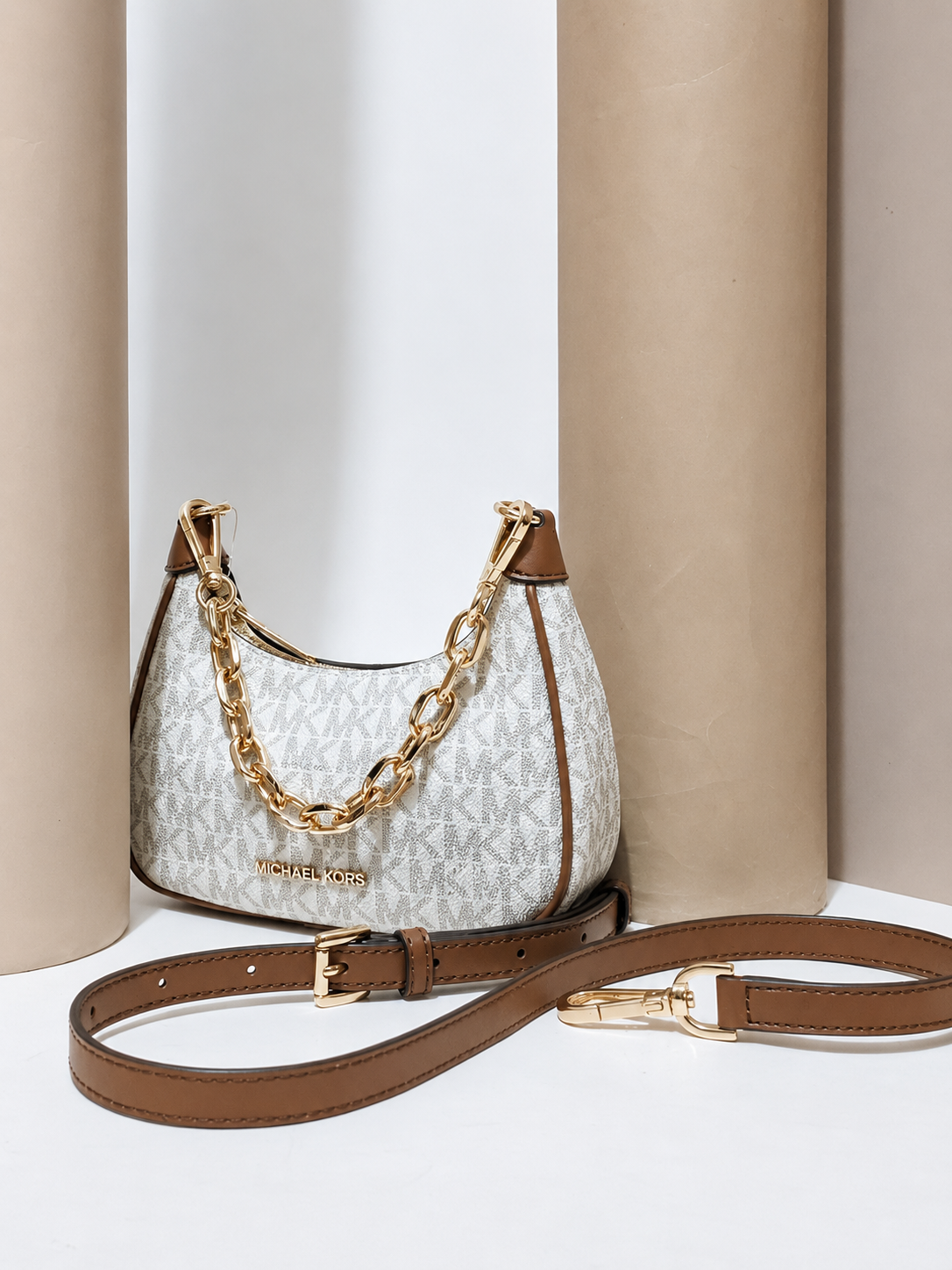 Michael Kors Monogram Shoulder Bag – White & Brown