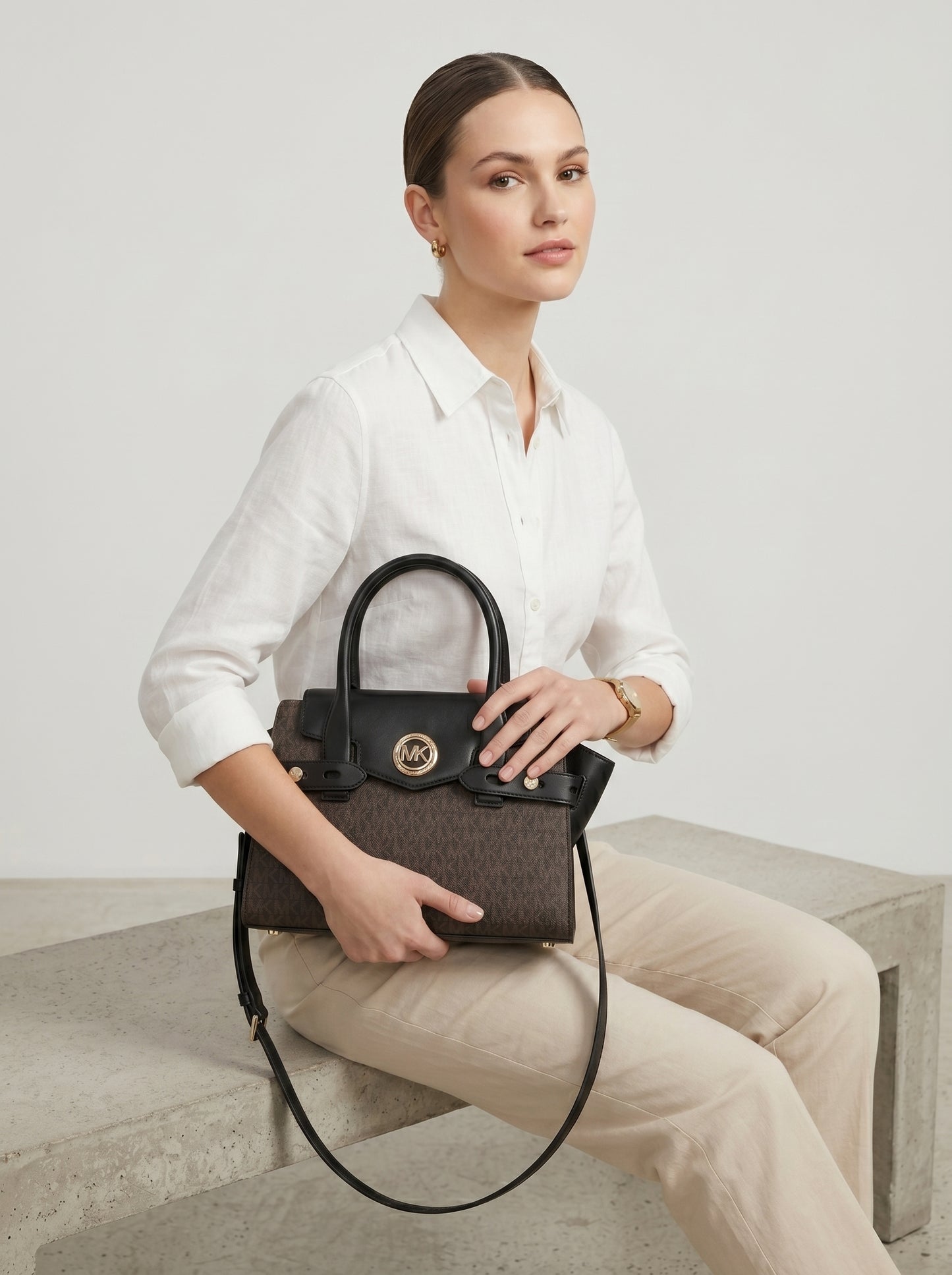 MK Logo Satchel Handbag – Black & Charcoal Monogram