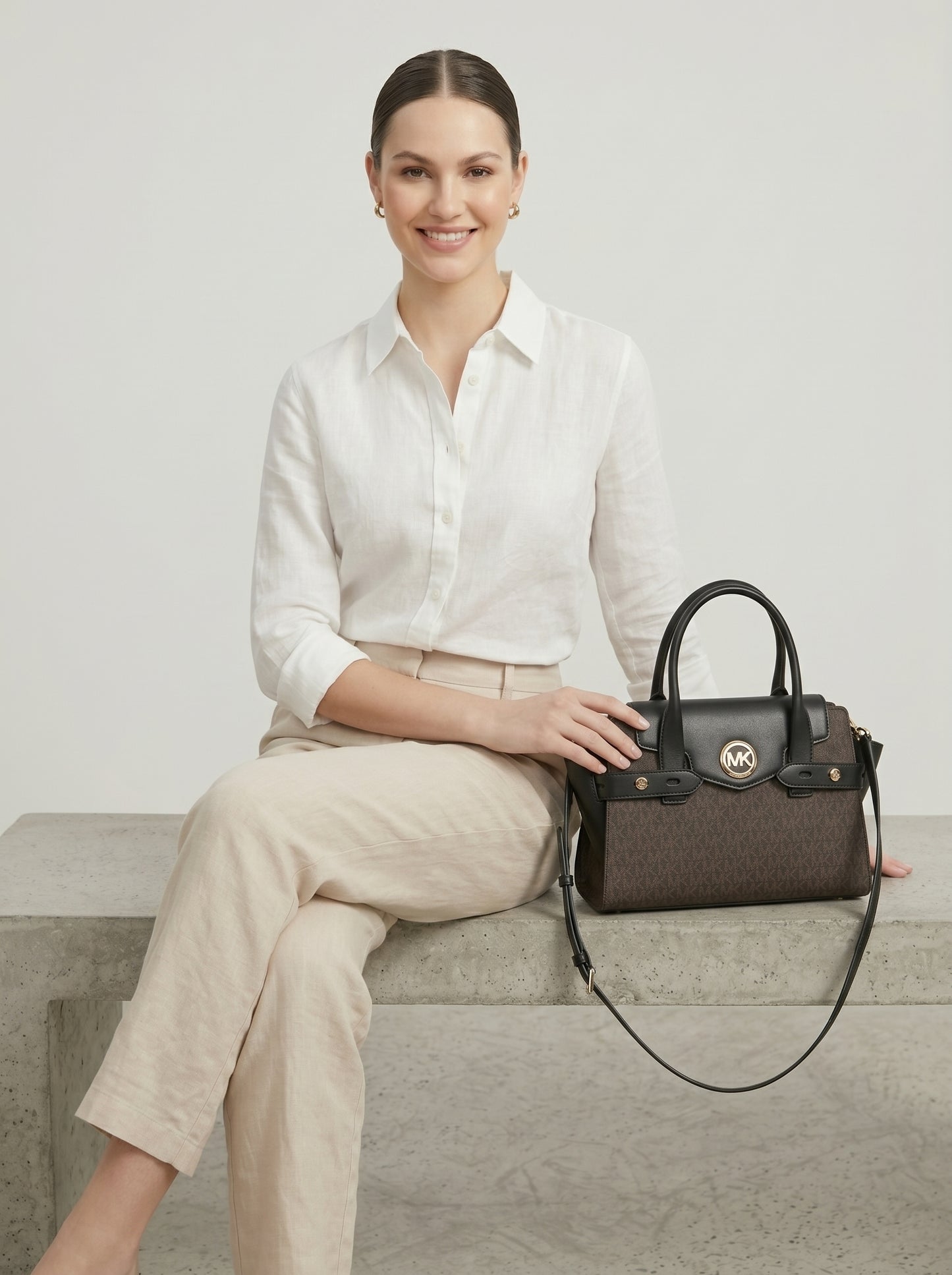 MK Logo Satchel Handbag – Black & Charcoal Monogram
