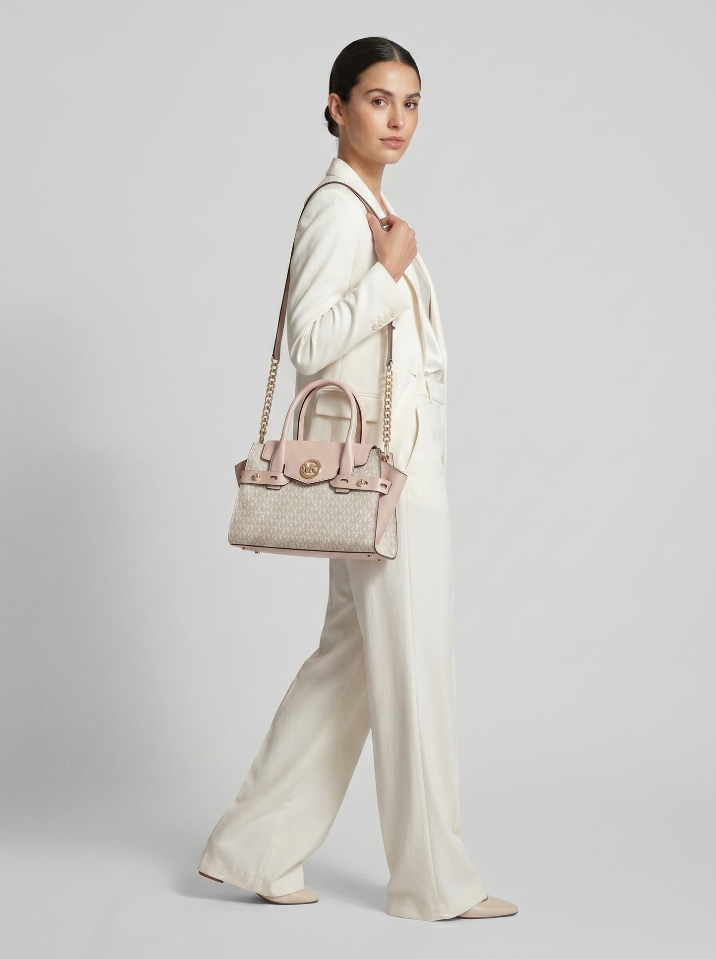 MK Monogram Satchel Handbag – Light Cream & Blush Pink