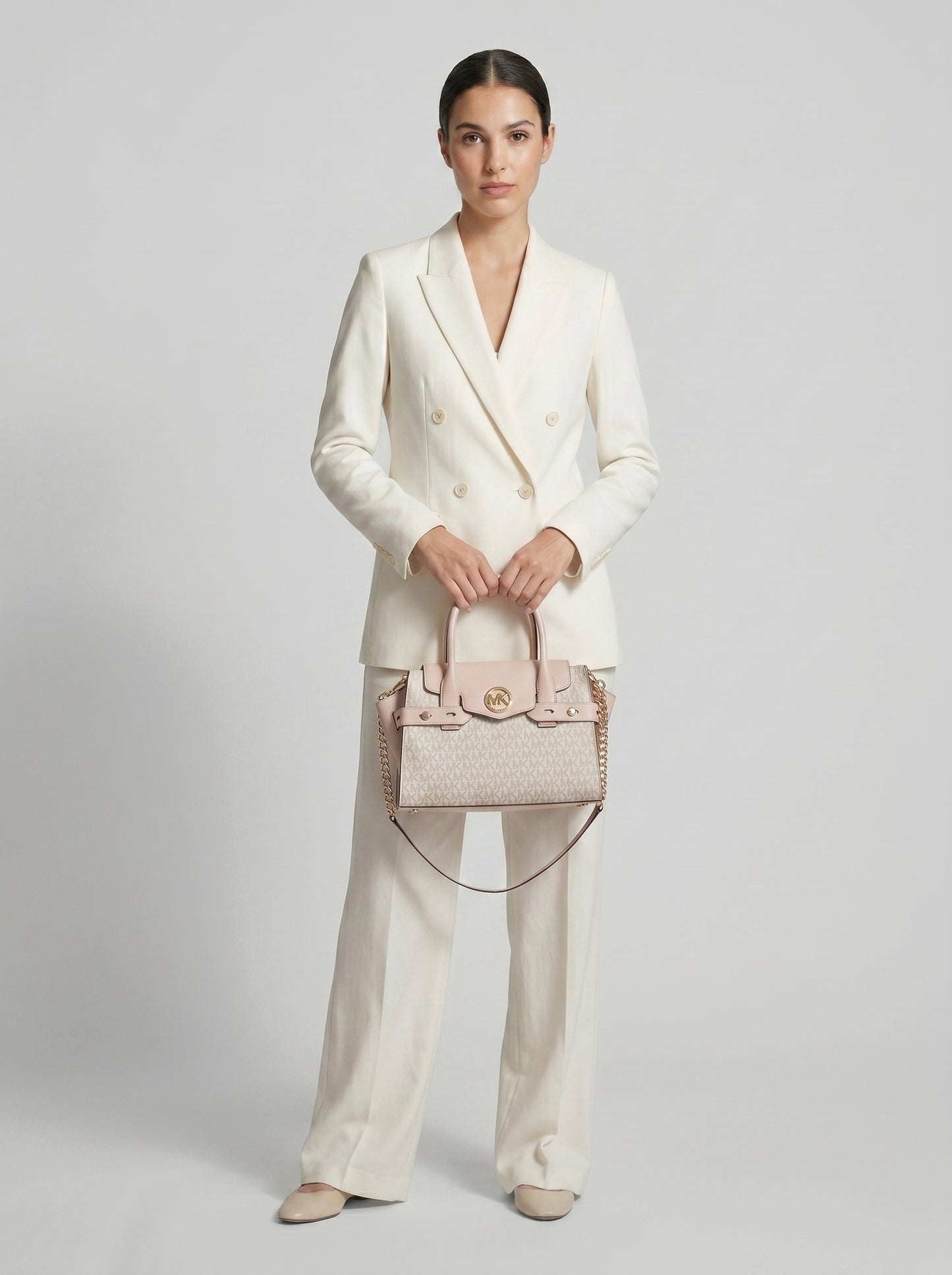 MK Monogram Satchel Handbag – Light Cream & Blush Pink