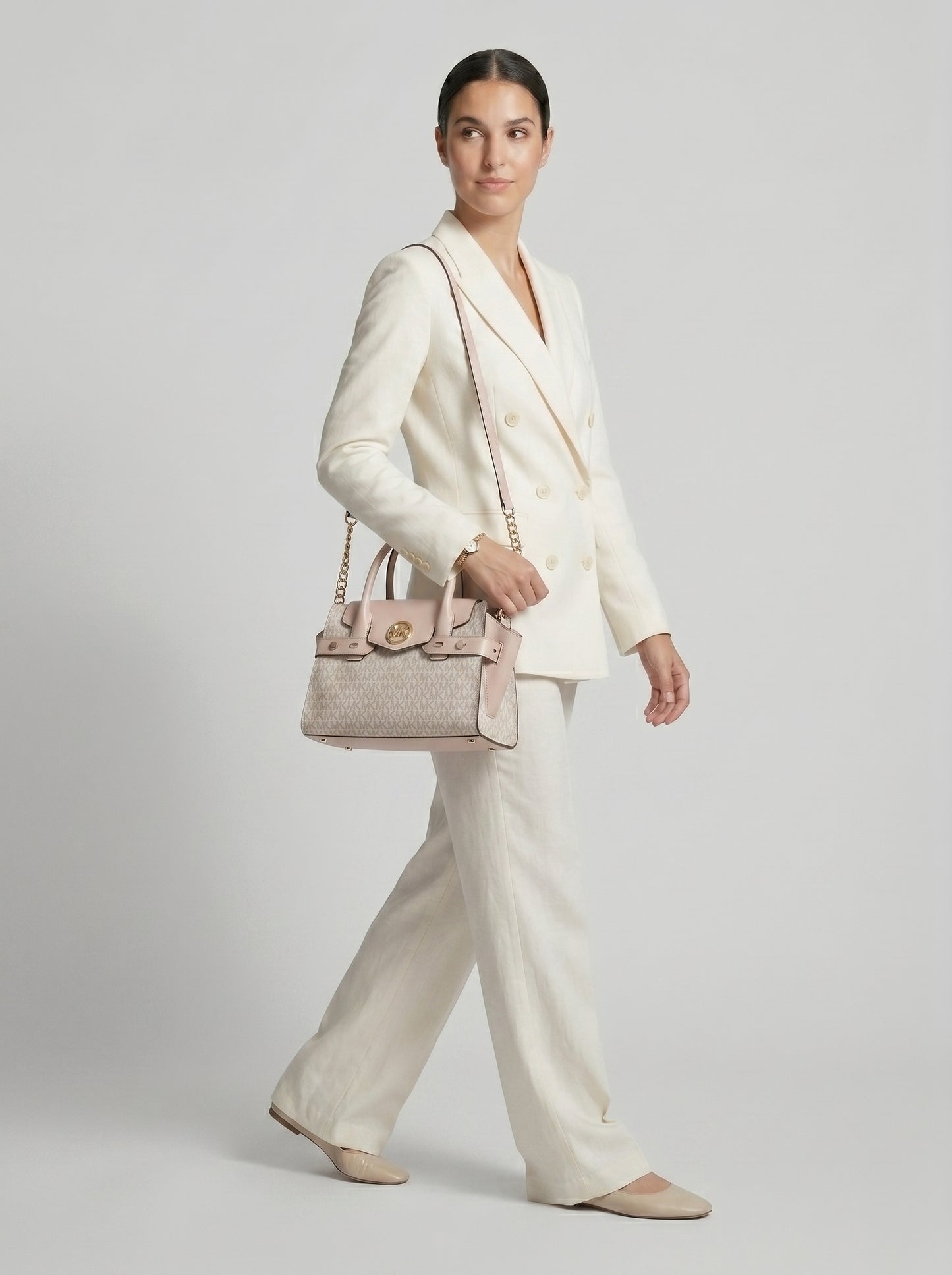 MK Monogram Satchel Handbag – Light Cream & Blush Pink