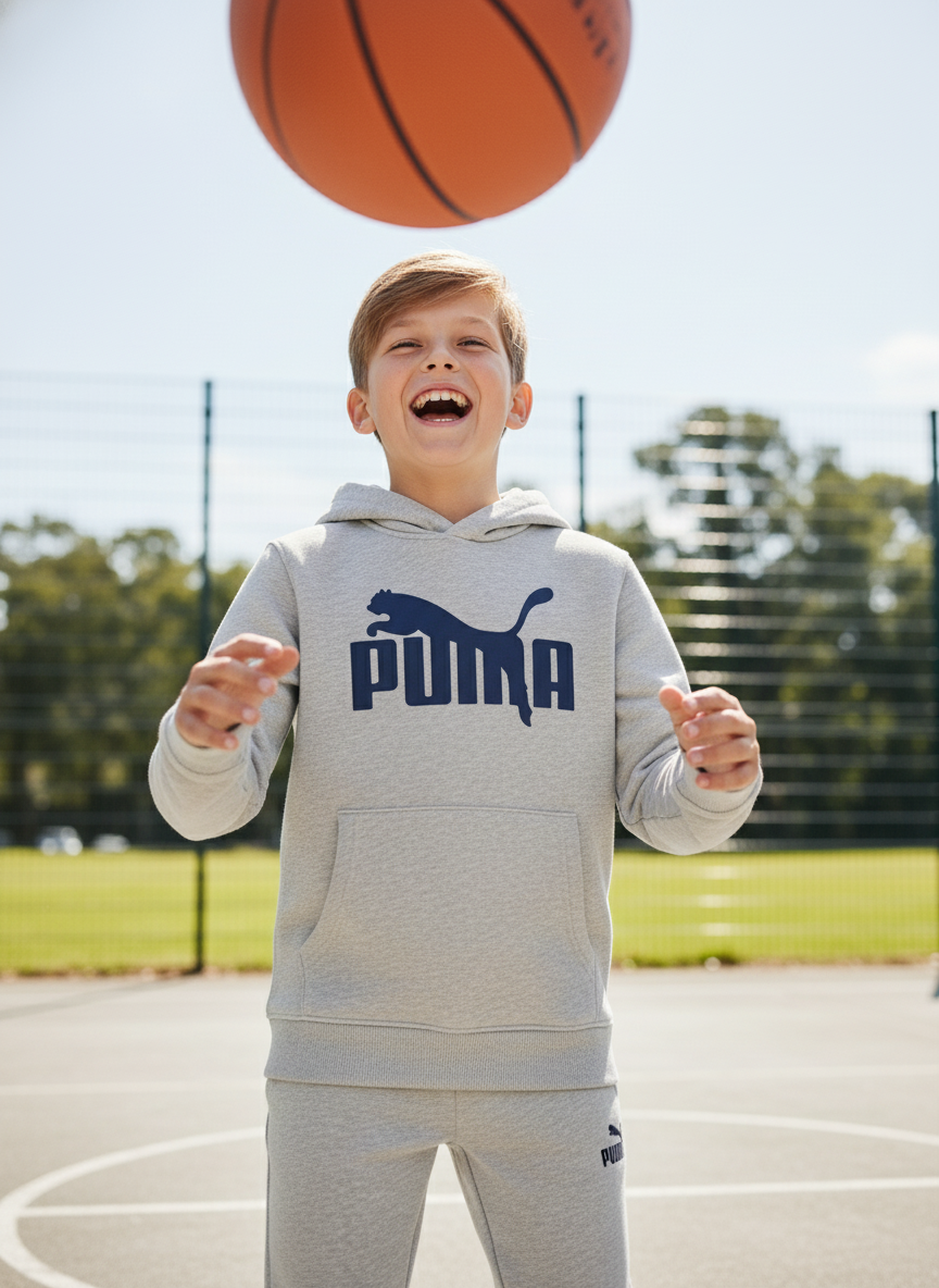 طقم هودي وبنطال رياضي للأولاد من بوما، بتصميم شعار كبير.