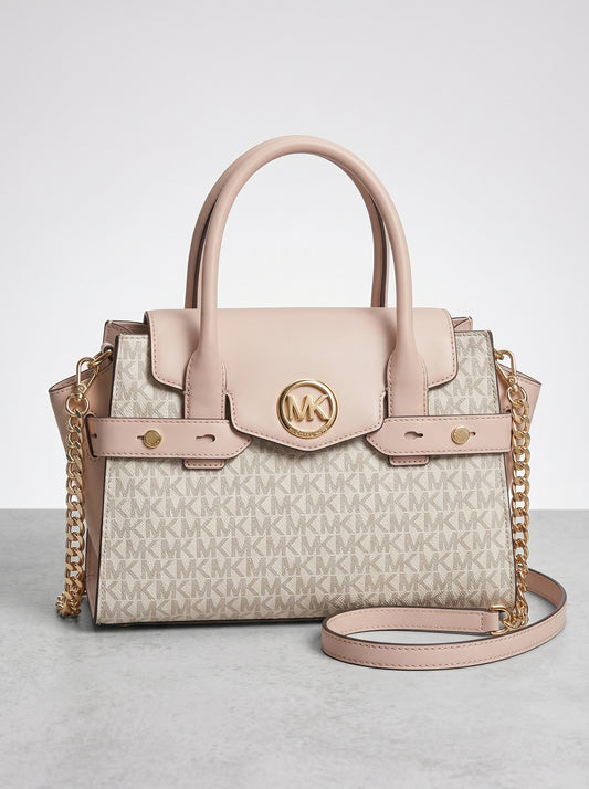 MK Monogram Satchel Handbag – Light Cream & Blush Pink